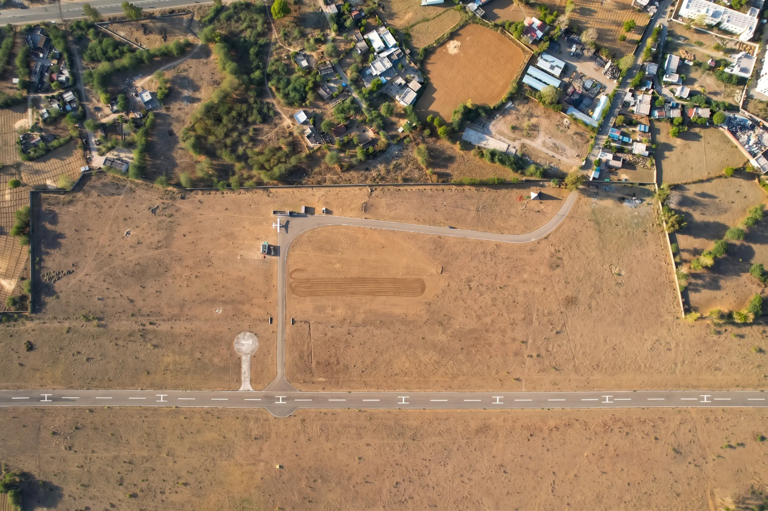 Aerial view of the Skydive India drop zone and surrounding countryside near Abu Road, Rajasthan